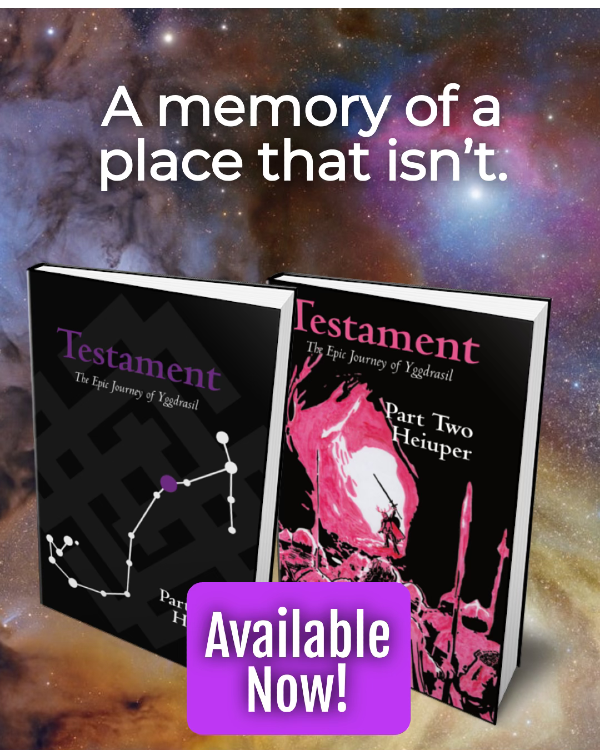 An advertisement for Testament, an illustrated epic poem in five parts by Keith Senkowski.