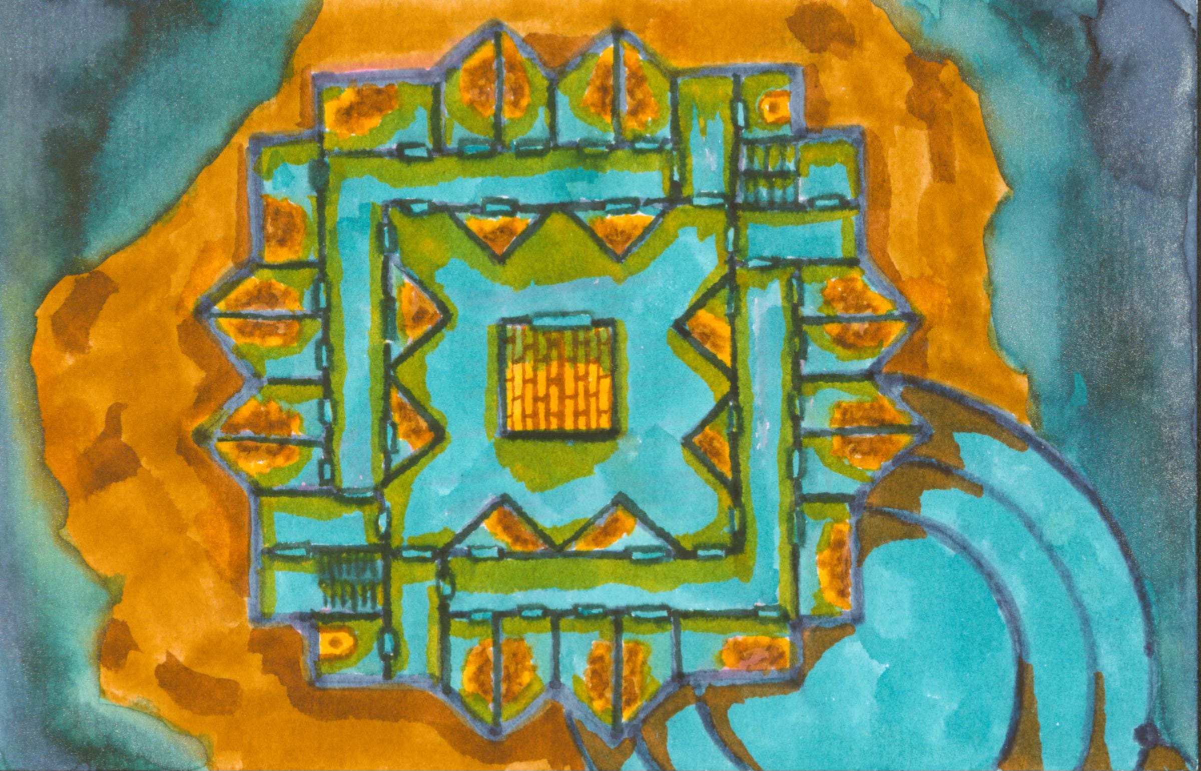 Ink painting map of a tower level by Keith Senkowski.