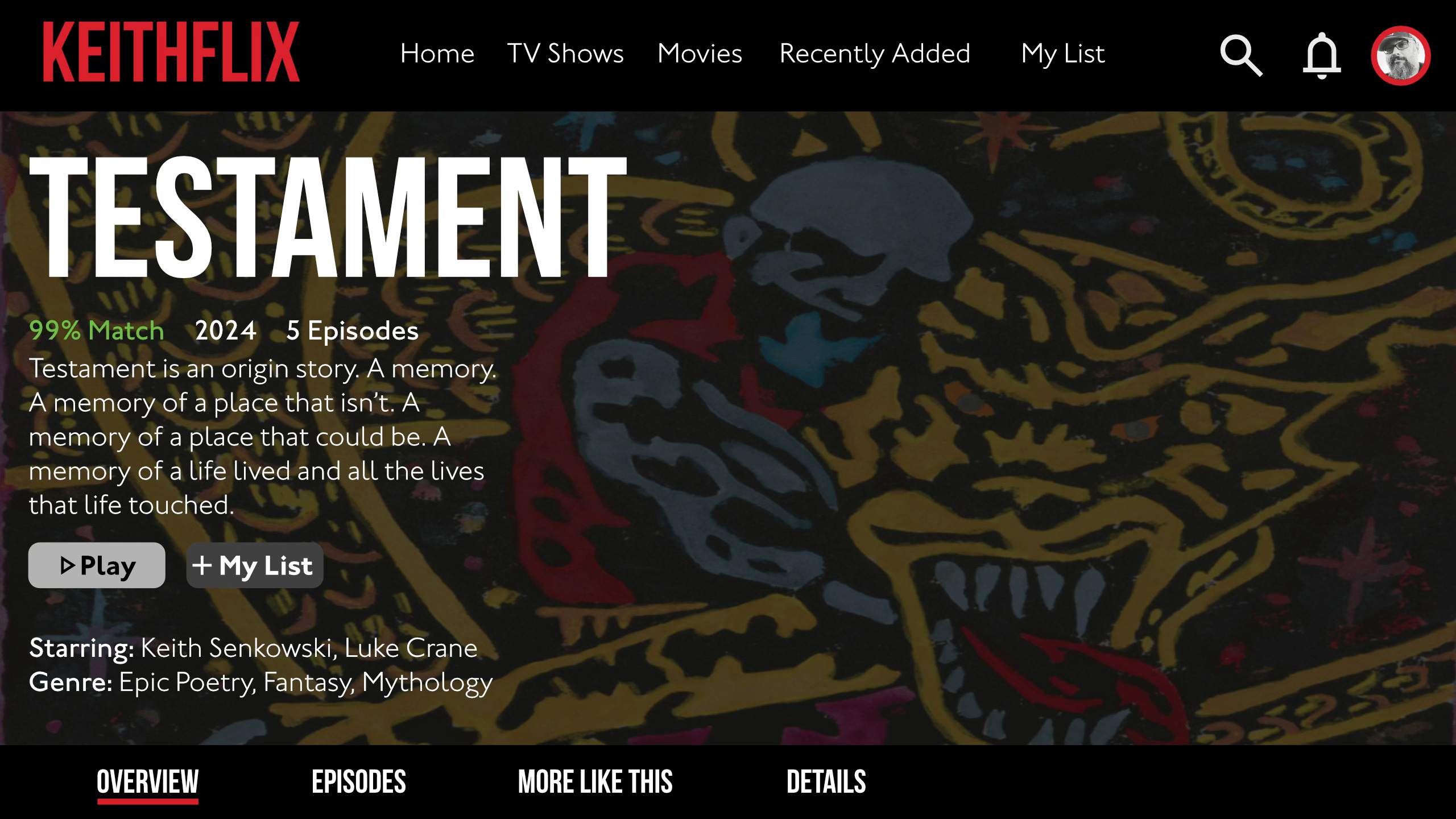 An advertisement for the illustrated poem Testament by Keith Senkowski made to look like the loading screen for a movie on Netflix.