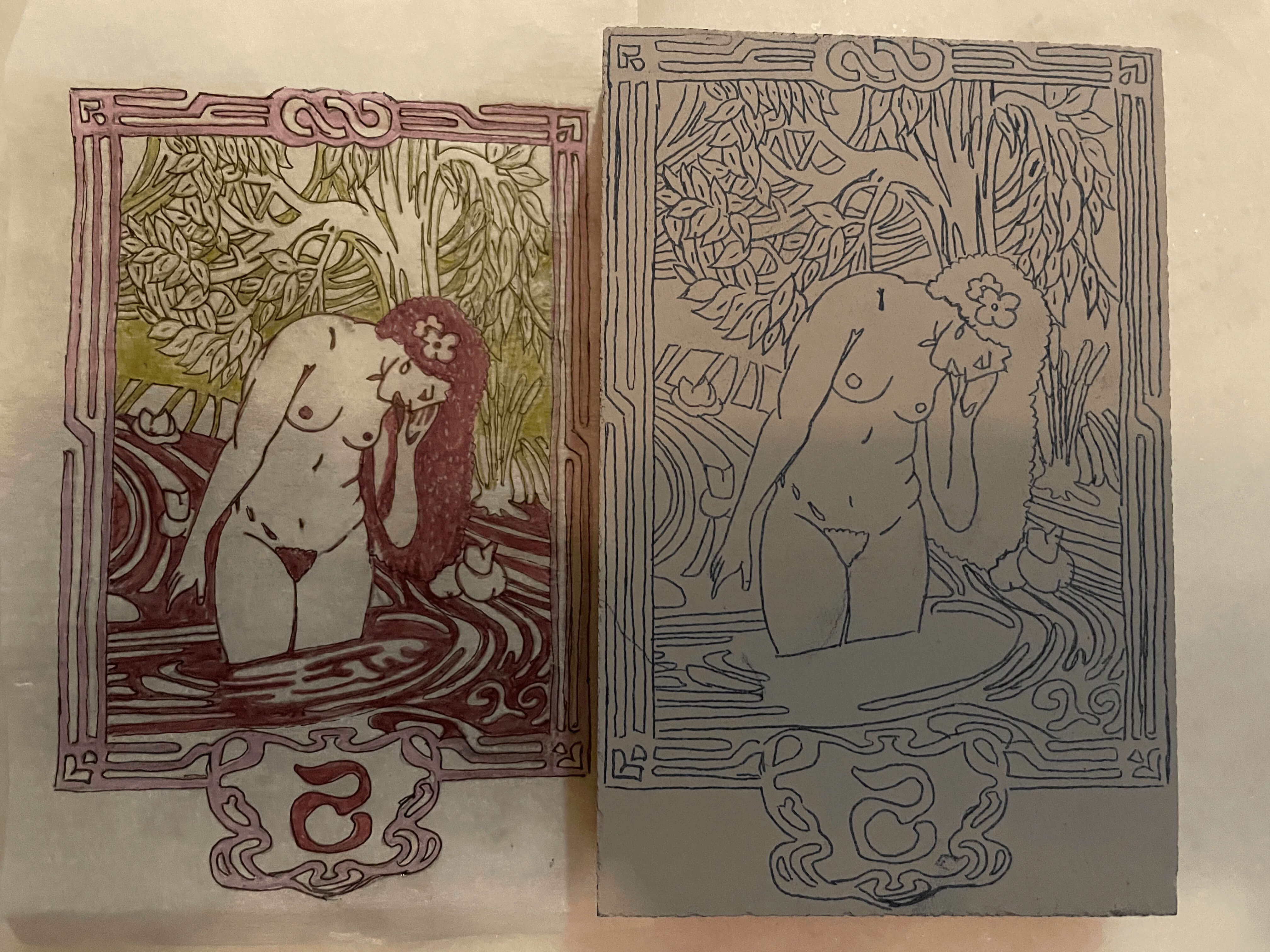 A photo of the transfer of an illustration onto a lino block.