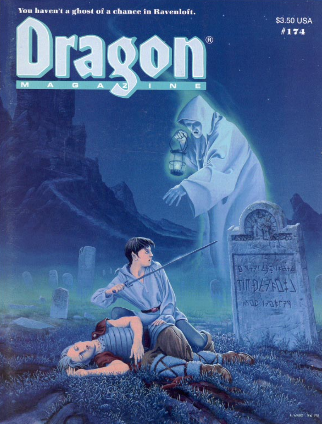 A painting of a ghost haunting an elven warrior in a graveyard as they kneel over a dead or sleeping comrade.