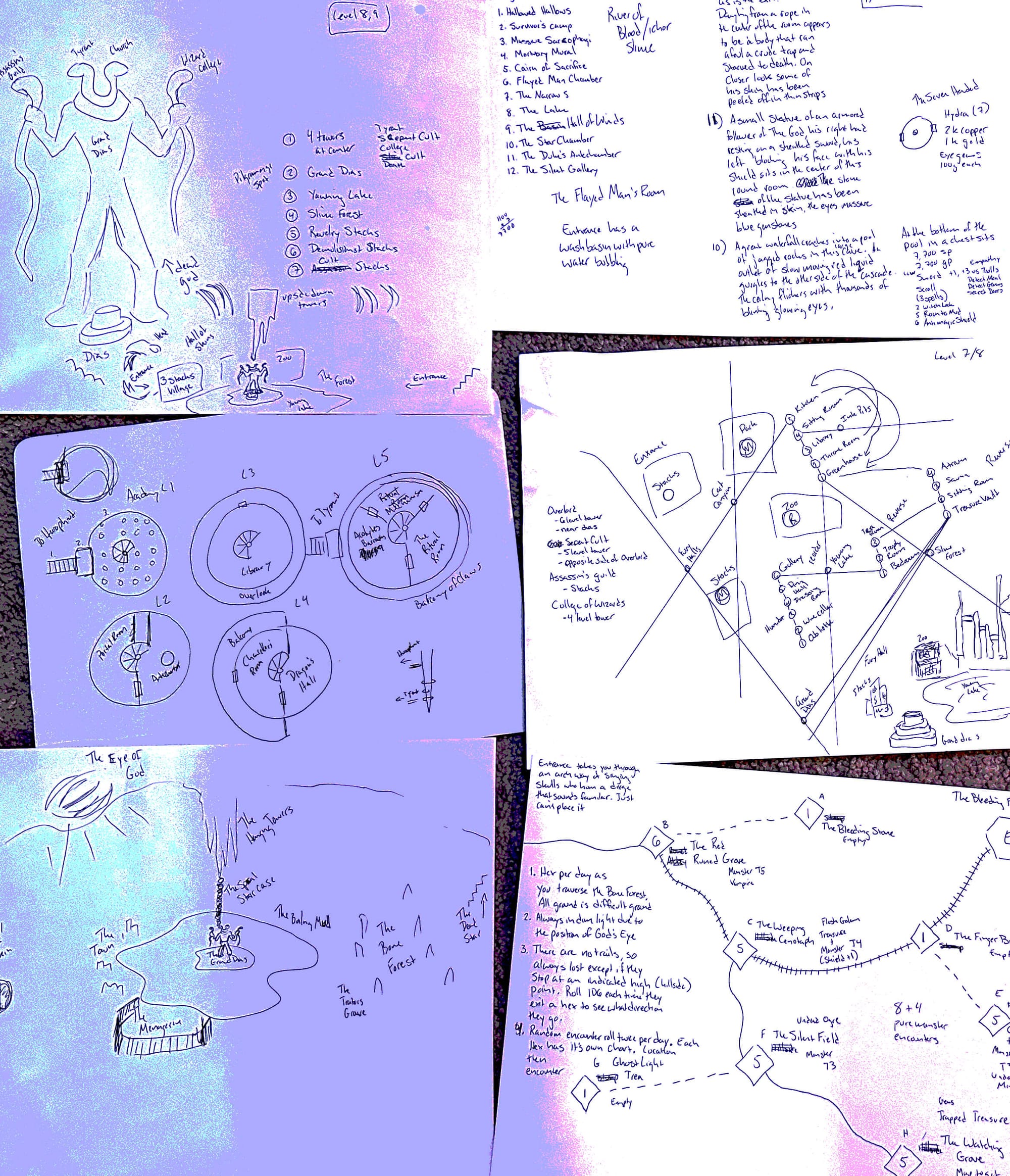 Several pages of scribbled notes and sketches of pen on paper